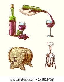 Wine vintage hand drawn decorative icons set of corkscrew barrel bottle wine isolated vector illustration