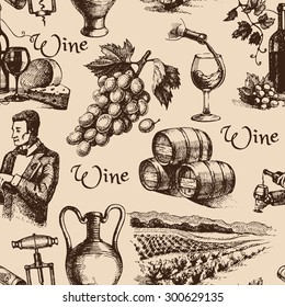 Wine vintage hand drawn sketch seamless pattern