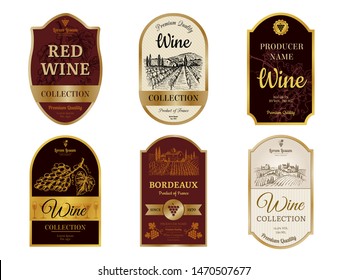 Wine vintage labels. Alcohol wine champagne drinks badges luxury style with pictures of vineyard silhouettes and grapes vector pictures. Illustration of alcohol drink wine, vineyard label for beverage