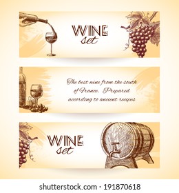 Wine vintage sketch banners set of wineglass bottle and barrel isolated vector illustration