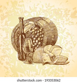 Wine vintage sketch decorative hand drawn background with barrel bottle and glass vector illustration