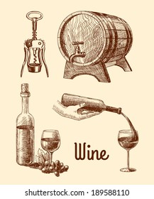 Wine vintage sketch decorative icons set of corkscrew barrel bottle isolated vector illustration