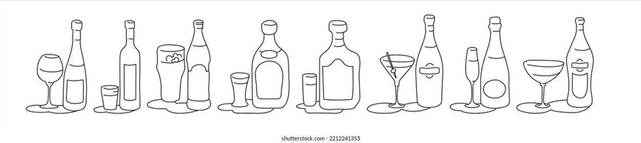 Vidrio vodka cerveza tequila rum martini botella de vermú de champán e ícono de contorno de vidrio sobre fondo blanco. Diseño gráfico de dibujos animados en blanco negro. Estilo Doodle. Imagen dibujada a mano por vectores. Bebidas de fiesta