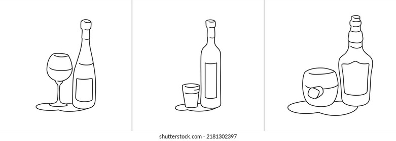 Wine vodka whiskey bottle and glass outline icon on white background. Black white cartoon sketch graphic design. Doodle style. Hand drawn image. Party drinks concept. Freehand drawing style. Vector.
