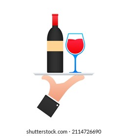 Wine waiter in flat style on red background. Vector illustration, flat. Hand drawn illustration. Sketch drawing. Vector wine glass icon.