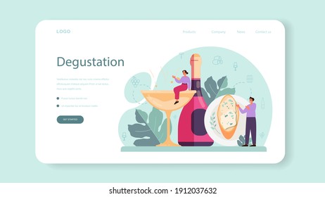 Wine web banner or landing page. Grape wine in a bottle and glass full of alcohol drink. Red wine with appetizer. Isolated vector illustration