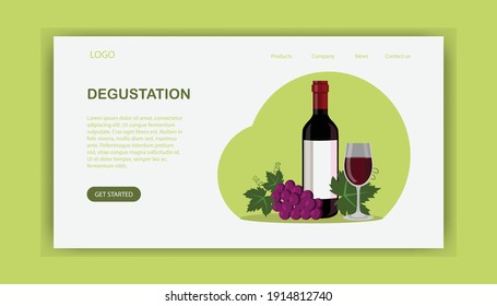 Wine web banner or landing page. Grape wine in a bottle and glass full of alcohol drink. Red wine with appetizer. Vector illustration