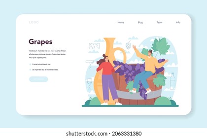Wine web banner or landing page. Grape wine in a bottle and glass full of alcohol drink. Red wine with appetizer. Isolated vector illustration
