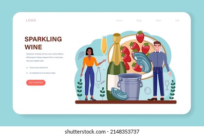 Wine web banner or landing page. Grape wine in a bottle and glass full of alcohol drink. Champagne wine with appetizer. Cheese, sausage, fish and strawberry. Flat vector illustration