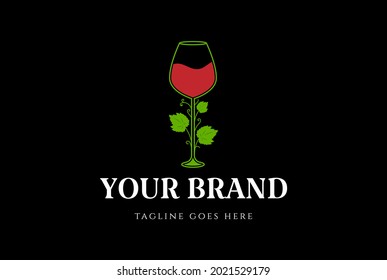 Wine Whiskey Beer Glass with Grape Leaf Logo Design Vector