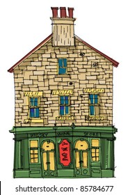 A wine and whiskey store - pub - old house. 
An old house with showcase at the ground floor.Cartoon. Caricature.