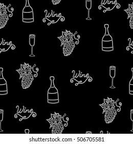 Wine white line seamless pattern. Bottle and glass with wine on a black background. Garden-stuffs and leaves of vine. For design the fabric, greeting card, wrapping paper.
