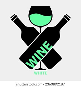 Wine White logo with wine bottle and wineglass. Vector Illustration