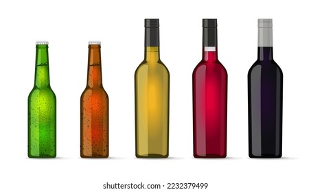 Wine white red rose bottles glass vector mock up blank transparent mockup isolated on white background 3d graphic illustration, green brown empty craft beer cold bottles alcohol beverages set clipart