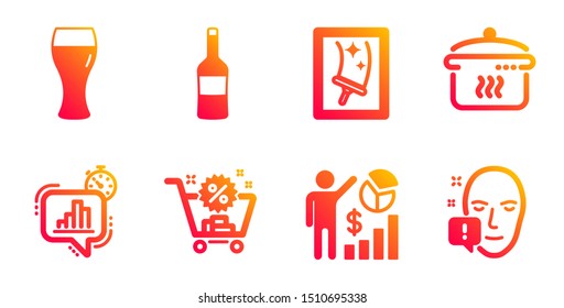 Wine, Window cleaning and Boiling pan line icons set. Statistics timer, Beer glass and Shopping cart signs. Seo statistics, Face attention symbols. Merlot bottle, Housekeeping service. Vector