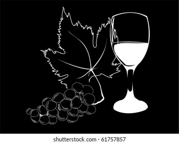 Wine in wineglass and grapes with leaf - white lines on a black background
