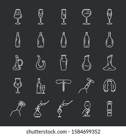 Wine and wineglasses chalk icons set. Different types of glassware and alcohol beverages. Decanters, bottles, barman tools. Aperitif drinks, cocktails. Isolated vector chalkboard illustrations