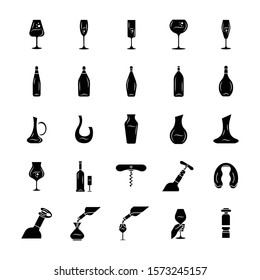Wine and wineglasses glyph icons set. Different types of glassware and alcohol beverages. Party, bar, restaurant decanters, bottles. Barman tools. Silhouette symbols. Vector isolated illustration