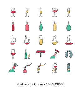 Wine and wineglasses icons set. Different types of glassware and alcohol beverages. Decanters, bottles, barman tools. Aperitif drinks, cocktails. Isolated vector illustrations