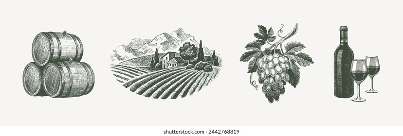 Wine and winemaking. Hand drawn vector set.