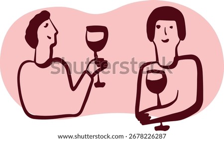 Wine. Winemaking Serving A glass and wine. People drink wine. Pleasure from life. Line art	