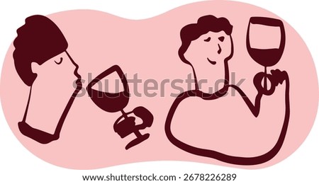 Wine. Winemaking Serving A glass and wine. People drink wine. Pleasure from life. Line art	