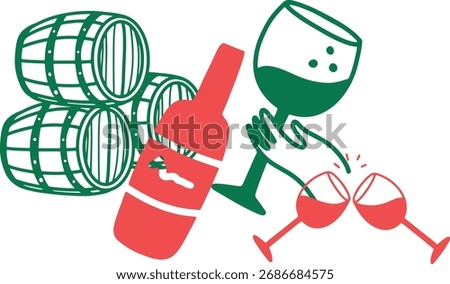 Wine. Winemaking Serving A glass and wine. People drink wine. Pleasure from life. Line art	