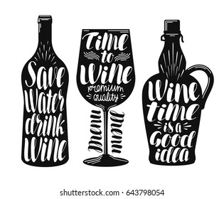 Wine, winery label set. Collection decorative elements for menu restaurant or cafe, bar. Lettering, calligraphy vector illustration