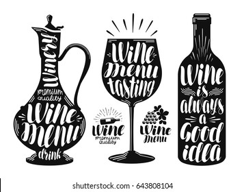 Wine, winery label set. Decanter, drink, glass, bottle icon or logo. Handwritten lettering vector illustration