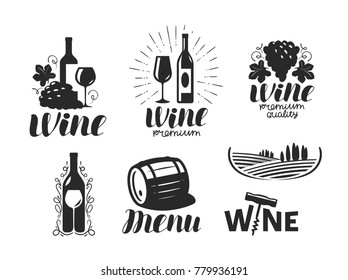 Wine, winery logo. Drink, alcoholic beverage symbol or icon. Lettering vector illustration