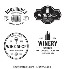 Wine, winery logo or icon, emblem. Label for menu design restaurant or cafe. Vintage templates. Isolated vector illustration.