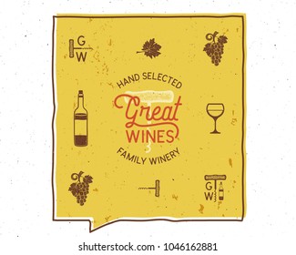 Wine, winery logo and icons, elements. Drink, alcoholic beverage symbol, monogram. Stock vector poster isolated on white background.