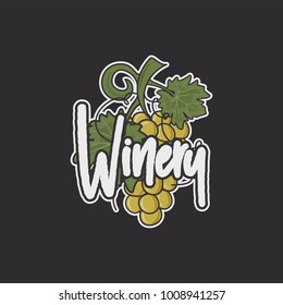 Wine, winery logo template. Drink, alcoholic graffiti art, beverage symbol. Vine icon and typography design. Winery, premium quality sign. Stock vector illustration isolated on dark background.