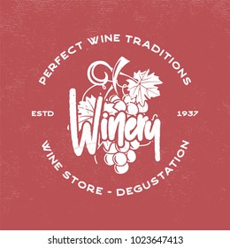 Wine, winery logo template. Drink, alcoholic graffiti art, beverage symbol. Vine icon and typography design. Premium quality sign. Stock vector illustration isolated on retro red background.