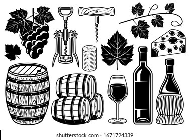 Wine and winery set of vector objects or design elements in black and white vintage style isolated illustration