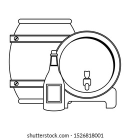 wine wooden barrel with wine bottle over white background, vector illustration