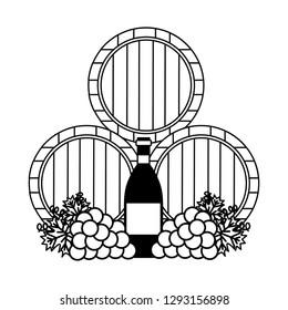 wine wooden barrels bottle and grapes