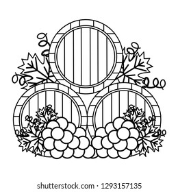 wine wooden barrels and grapes