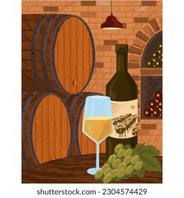 Wine wooden barrels in winery cellar vector poster