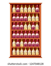 Wine wooden shelf. Red and white wine bottles. wine rack for bar, cafe and cellar. Flat vector illustration isolated on white background