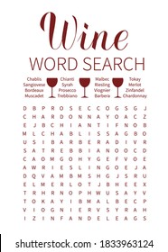 Wine Word Search Puzzle. Wine Tasting Party Game. Vineyard Wedding Or Birthday Party Theme Activity For Guests. Stationary Card Vector Template. 