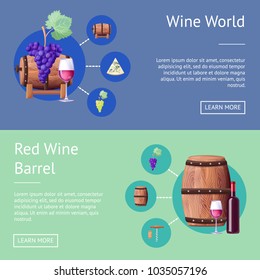 Wine world and wooden barrels Internet pages set. Information about delicious wine made of grapes web posters templates vector illustrations set.