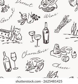 Wine wrapping paper design, charcuterie seamless pattern, line art hand drawn illustration
