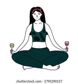 Wine yoga illustration. Young woman in crossed legs pose with glasses of white and red wine. Vector doodle line drawing