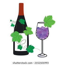 A winebottle and a wineglass and grape