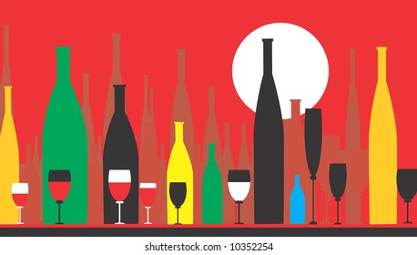 Wine-bottles and wine glasses in red background	