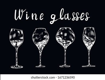 Vino, copas de champán , vectorial de tiza aislado sobre fondo negro . Concepto de menú, tarjetas, logotipo , invitación 