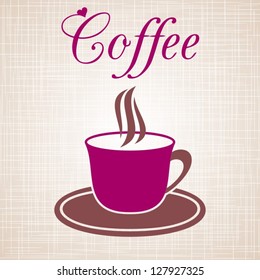 Wine-colored cup of coffee with text on light brown vintage background