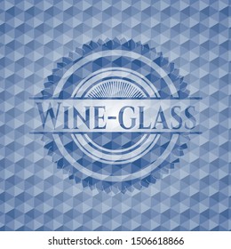 Wine-glass blue emblem or badge with geometric pattern background. Vector Illustration. Detailed.
