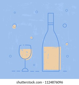 Wineglass and bottle orange wine set. Line art icon. Vector illustrator.